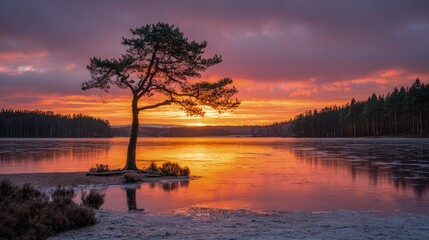 Obraz premium Winter Sunrise Over Frozen Lake With Pine Tree