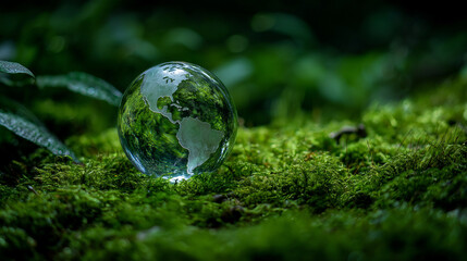 Eco illustration of a crystal globe resting on moss in the forest with sunlight, symbolizing sustainability, ecology, and environmental awareness. Perfect for green campaigns, CSR projects, eco lifest