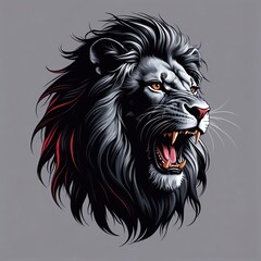 A roaring lion head with a flowing mane in black and deep gray