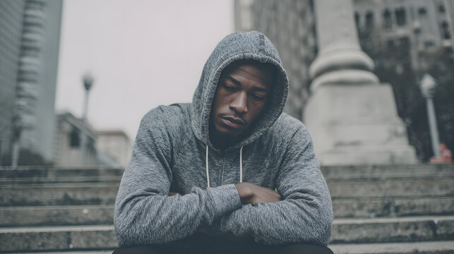 Solitary Contemplation: A pensive figure, shrouded in a hooded garment, sits on a flight of steps, reflecting amid the urban landscape, and evokes a sense of introspection.