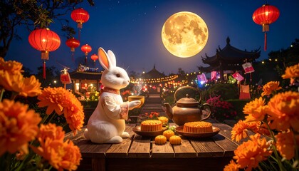 Festive moonlit scene with rabbit enjoying tea and mooncakes
