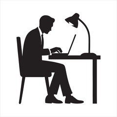 Silhouette of a businessman working on laptop at desk with lamp providing light in monochrome business environment for presentations and professional projects
