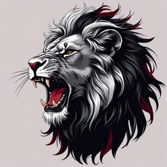 A roaring lion head with a flowing mane in black and deep gray