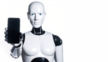 A futuristic robot is holding a smartphone in a high-tech setting. The robot showcases a human-like design