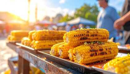Grilled corn on display at an outdoor market