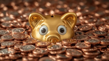 Gold piggy bank partially submerged in copper coins