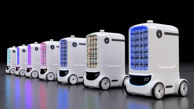 A row of autonomous delivery robots with illuminated cargo compartments on a reflective surface