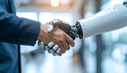A human hand shakes with a robotic hand, symbolizing a business deal