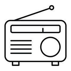 Radio vector icon. Black line art of retro portable radio with antenna. Music and broadcasting symbol for audio, communication, or media design.