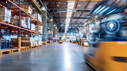 Modern warehouse interior with automated logistics and digital overlays indicating smart technology integration