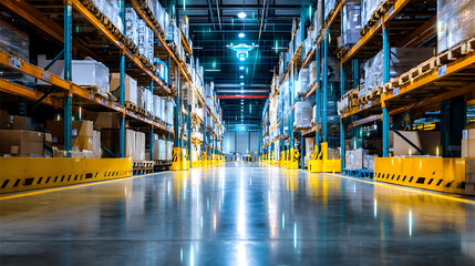 Interior view of a large industrial warehouse with high shelves, stacked boxes, and reflective flooring under bright lighting