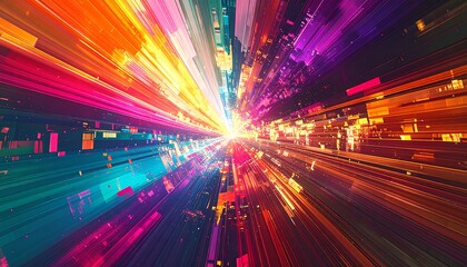 Colorful, abstract digital art with radial lines and blocks