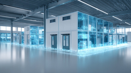 Modern modular laboratory structure with transparent walls and blue lighting in a spacious industrial facility