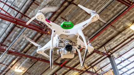 White quadcopter drone with camera flying indoors under industrial ceiling