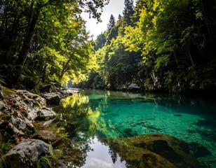 Crystal clear river flowing through a lush green canyon