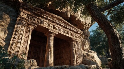 Obraz premium Ancient Stone Facade Carved into Rock Face with Columns and Ornate Detailing