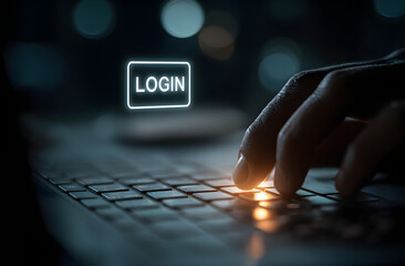Person types on laptop keyboard. Login button appears on screen. Concept of cyber security, online data protection. Man uses secured internet access. Focuses on login, password input. Image shows