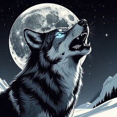 A wolf howling at the moon, rendered in black and ash gray