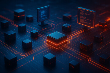 AI generated glowing server blocks and circuit connections symbolizing digital network data processing cybersecurity technology and advanced infrastructure communication