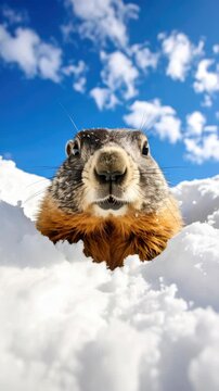 Groundhog emerging from snowy burrow, looking at camera under a sunny blue sky with white clouds, close up portrait of a wild animal