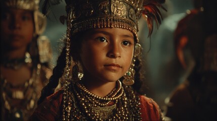 Aztec princess sits in Tenochtitlan, 1519, young and poised, heritage in regal stillness.