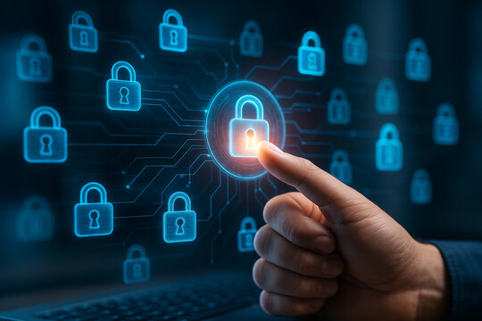 AI generated futuristic finger touch unlocking glowing lock icon symbolizing cybersecurity data protection privacy encryption secure access and digital trust