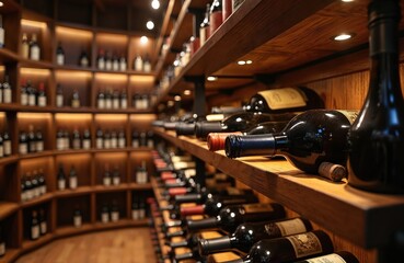 Interior view of elegant wine cellar with numerous bottles on wooden shelves. Warm lighting illuminates collection, accentuating variety of wine bottles, labels. Rustic wooden furniture, display,
