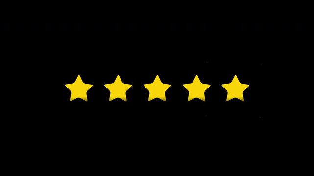 Yellow 5 stars rating pops up animation on black background. 4k video.