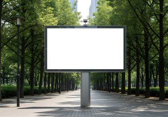 Fototapeta premium A large, empty billboard stands on a tree-lined pathway, surrounded by buildings and greenery under bright daylight.