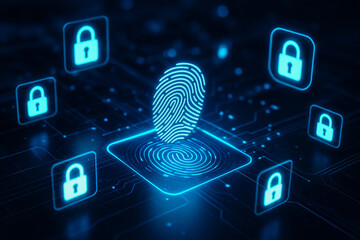 AI generated glowing fingerprint scan with digital locks symbolizing biometric authentication data protection cybersecurity access control and secure digital identity