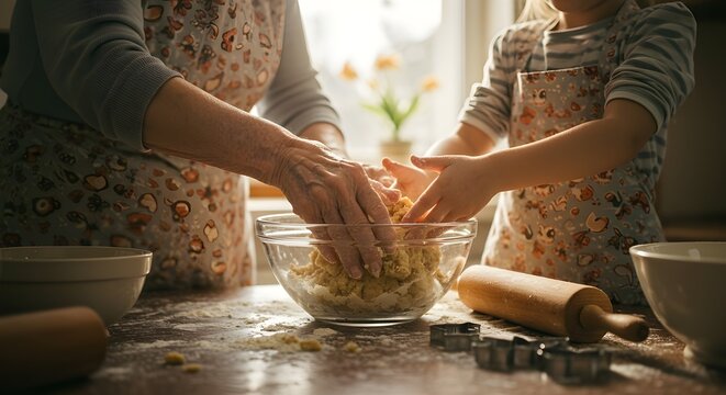 Close-up of grandmother teaching granddaughter to bake cookies together in cozy home kitchen