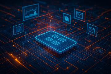 AI generated glowing smartphone with holographic app icons and digital connections symbolizing mobile technology communication business data and futuristic innovation