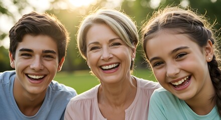Obraz premium Close-up of happy family smiling together while enjoying outdoor picnic in the park