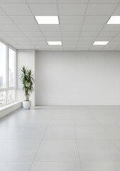 Bright, modern empty room with large windows, city view, white walls, sleek tiles, and a green potted plant in the corner.
