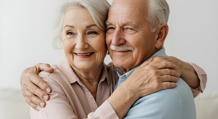 Close-up of smiling elderly couple hugging each other with warmth and affection