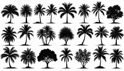 Collection of tropical tree silhouettes. Includes various palm trees, leafy bush. Black outlines on white background. Perfect for design elements, nature illustrations, graphic templates. Assets for