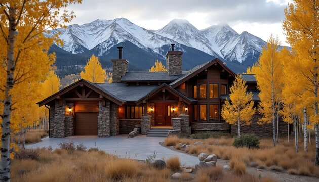 Contemporary Colorado mountain cabin features aspen grove, snow-capped peak views. Modern architecture home with stone, wood exterior, large windows, spacious deck. Luxury residence ideal for winter