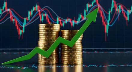 Stacks of gold coins with a green upward arrow overlaying a stock market chart, symbolizing financial growth and investment success.