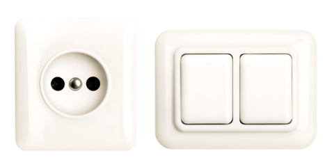 White electrical socket and double light switch isolated on a transparent background