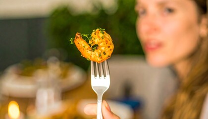 Woman Eating Grilled Shrimp.