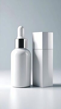 Minimalist serum bottle and rectangular package, white surface, soft grey gradient background, clean and simple, cosmetic product photography