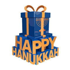 Happy hanukkah gift box stack with menorah decoration isolated on white background