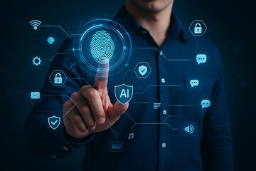 AI generated biometric fingerprint scan with digital interface symbolizing data protection cyber security artificial intelligence and futuristic technology authentication system