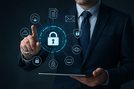 AI generated businessman using tablet with holographic lock icons representing digital data protection cybersecurity privacy and secure technology network in modern business environment - Powered by Adobe