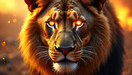 Fototapeta premium Majestic golden lion illustration radiates power, strength. Intense, glowing eyes, fiery mane create dramatic, warm ambiance. Digital artwork captures wild creature fierce expression, detailed fur