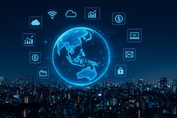 AI generated futuristic illustration showing glowing digital globe with technology icons symbolizing global connectivity data exchange business and communication