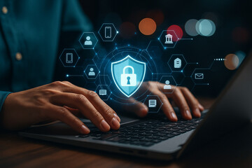 AI generated futuristic illustration of cybersecurity shield with glowing lock icons symbolizing secure data protection privacy trust and online safety in digital environment