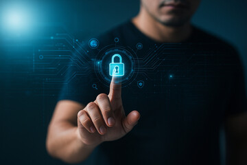 AI generated illustration of man touching glowing digital lock symbol representing cybersecurity data protection privacy access control and secure online network
