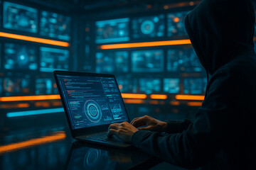 AI generated hacker in dark room typing on laptop with futuristic digital interface cyber attack concept security data protection technology visualization