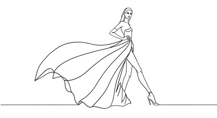 Line art illustration of a woman in a flowing gown with a high slit, posing with a hand on her hip.